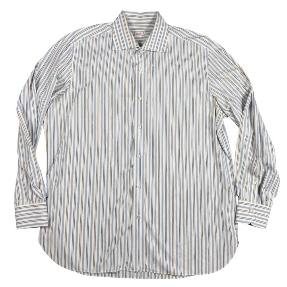 ISAIA Napoli 100% Cotton Striped Long Sleeve Button Down Dress Shirt Italy 17-43